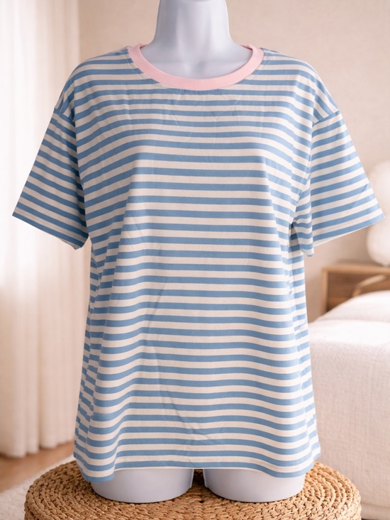 Tops - Striped Blue and White Tee with Pink Trim